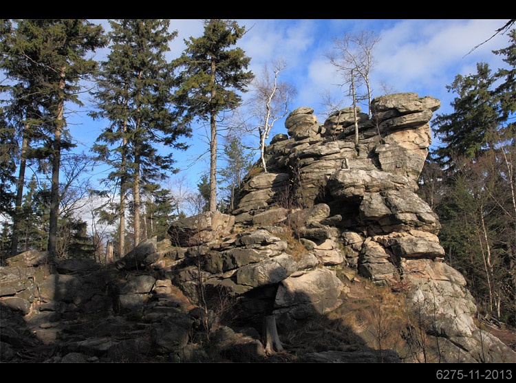 Devět skal - rozsáhlý skalní systém s nejvyšším vrcholem Žďárských vrchů (836m) je ukázkou mrazového zvětrávání rul v periglaciálních podmínkách pleistocénu. Na balvanitých sutích kolem skal se zachoval fragment přírodě blízkých lesních společenstev smrkových bučin.
6275-11-2013
